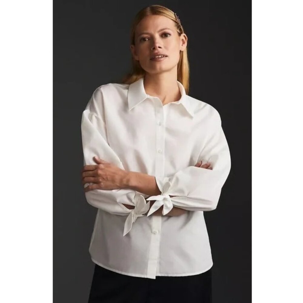 Anthropologie Mare Mare Tie Cuff Cotton Blouse White XS‎